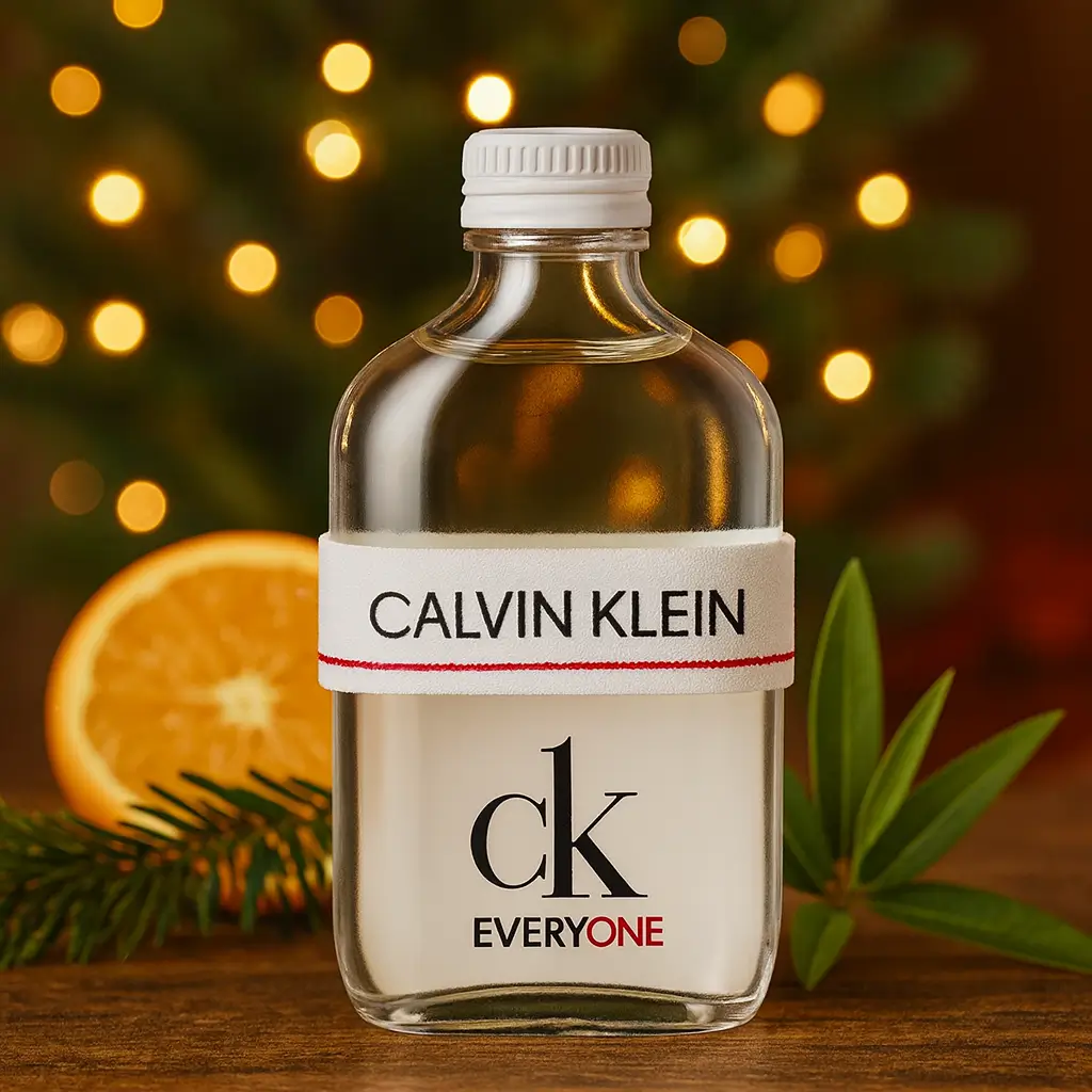 Calvin Klein CK Everyone unissex em cenário de Natal com laranja e folhas verdes