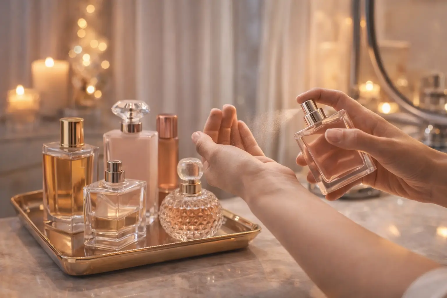 Bandeja com frascos de perfume sobre a penteadeira enquanto uma pessoa borrifa fragrância no pulso em ambiente elegante e iluminado.