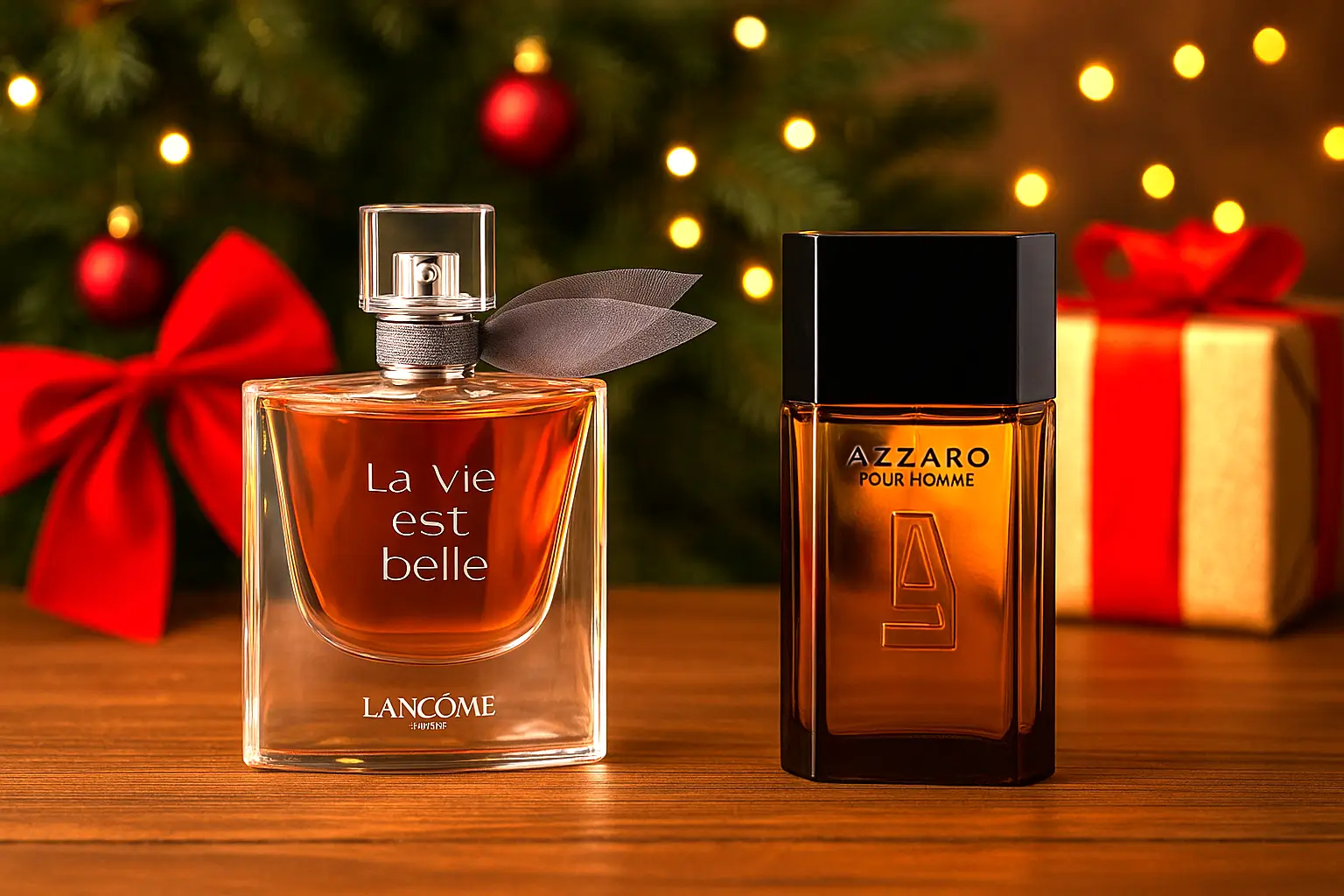 como escolher perfume para presentear no Natal com frascos de perfumes e caixas de presente em cenário natalino