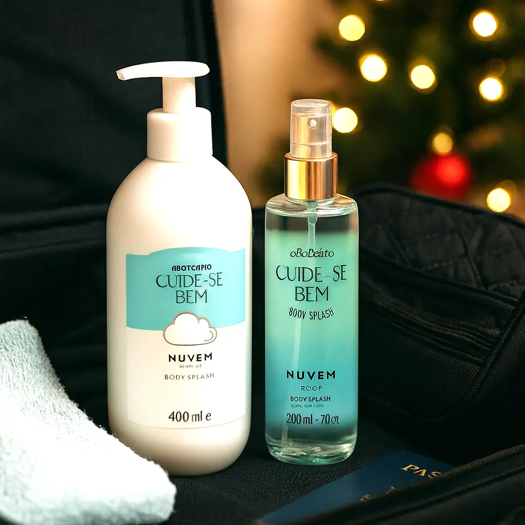 Combo Cuide-se Bem Nuvem com loção hidratante e body splash em cenário de Natal