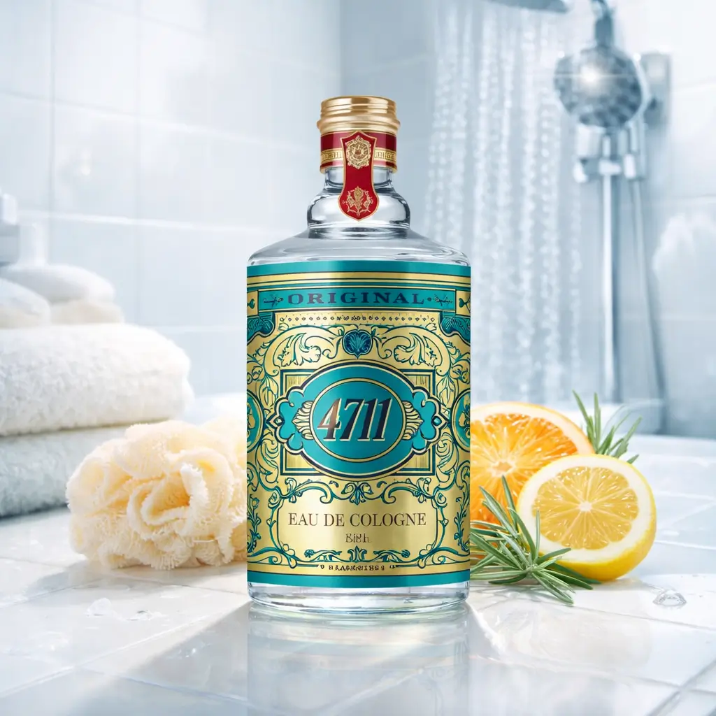 Eau de Cologne 4711 em cenário de banho tomado, perfume cheiro de banho tomado leve, fresco e ideal para o calor.