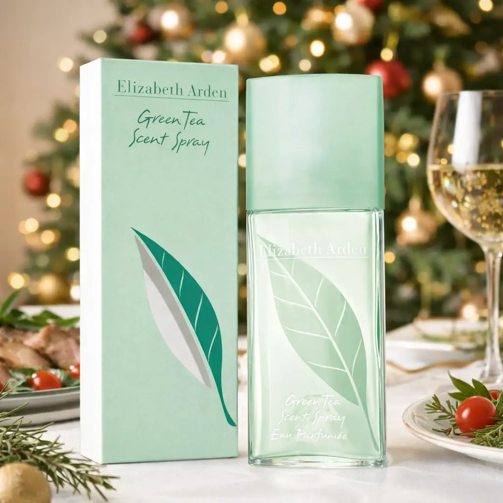 Perfume Elizabeth Arden Green Tea 100ml em destaque sobre mesa de almoço de Natal, com decoração natalina ao fundo, transmitindo leveza e elegância.