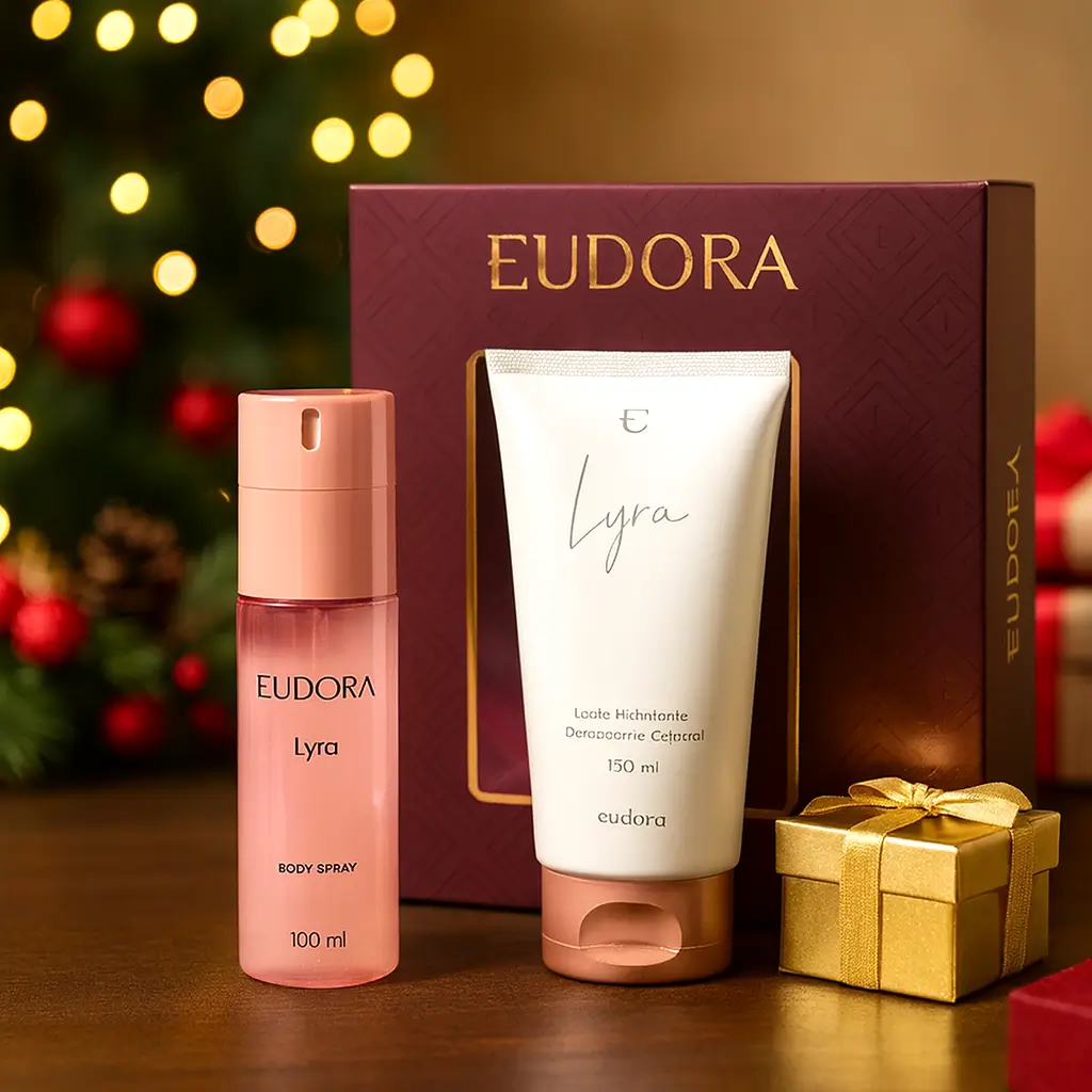 presente de amigo secreto de beleza kit Eudora Lyra com hidratante e body spray em cenário de Natal