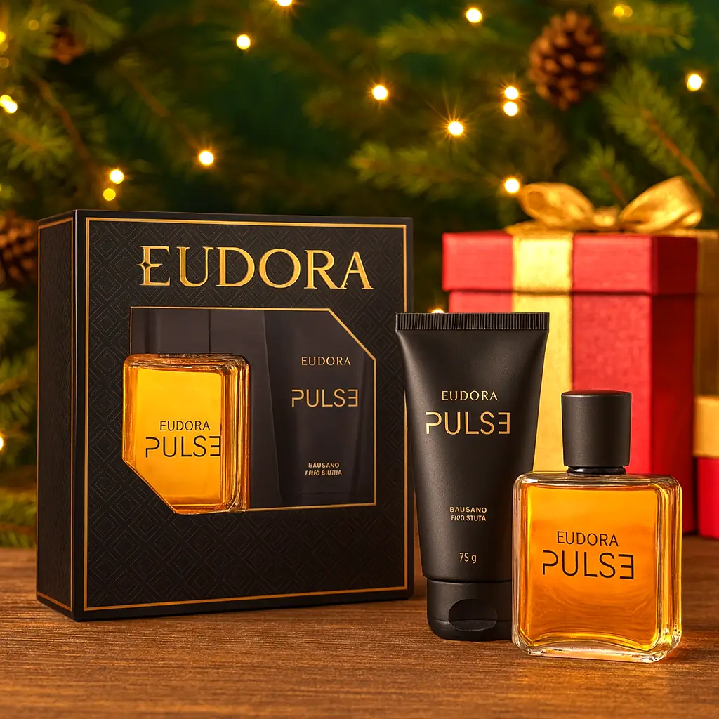 Eudora Pulse kit presente com perfume e itens de cuidado em cenário de Natal