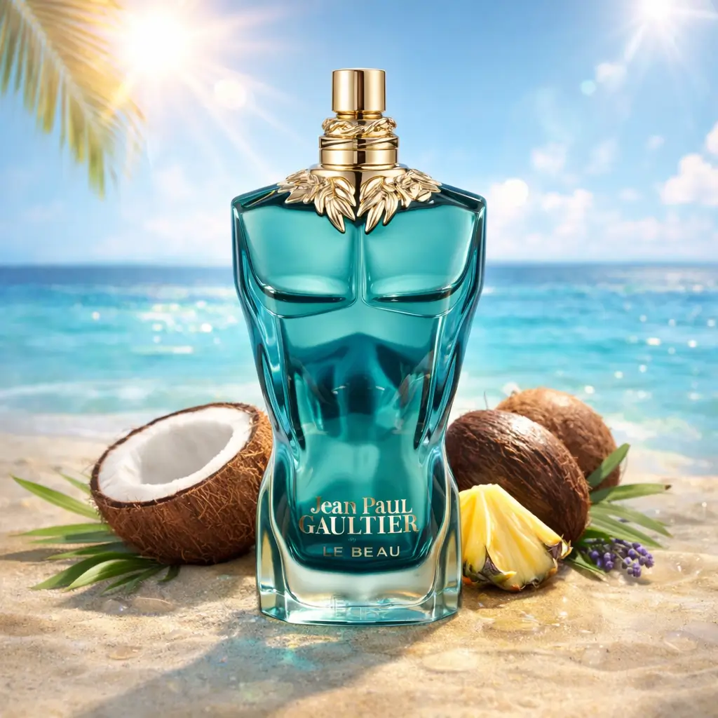 Perfume solar Jean Paul Gaultier Le Beau em cenário tropical de verão, com notas quentes e frescas ideais para o verão 2026.