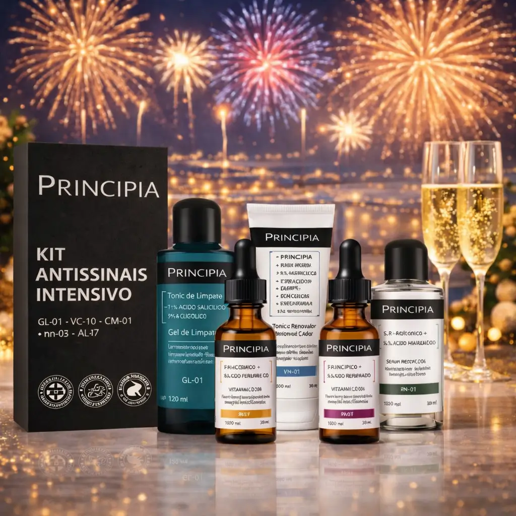 Kit Antissinais Principia, combo Cuide-se Bem Nuvem e kit capilar Eudora Siàge Nutri Rose dispostos em mesa decorada para o Réveillon, com taças de espumante e luzes ao fundo, ilustrando rotina de beleza para as festas de final de ano.