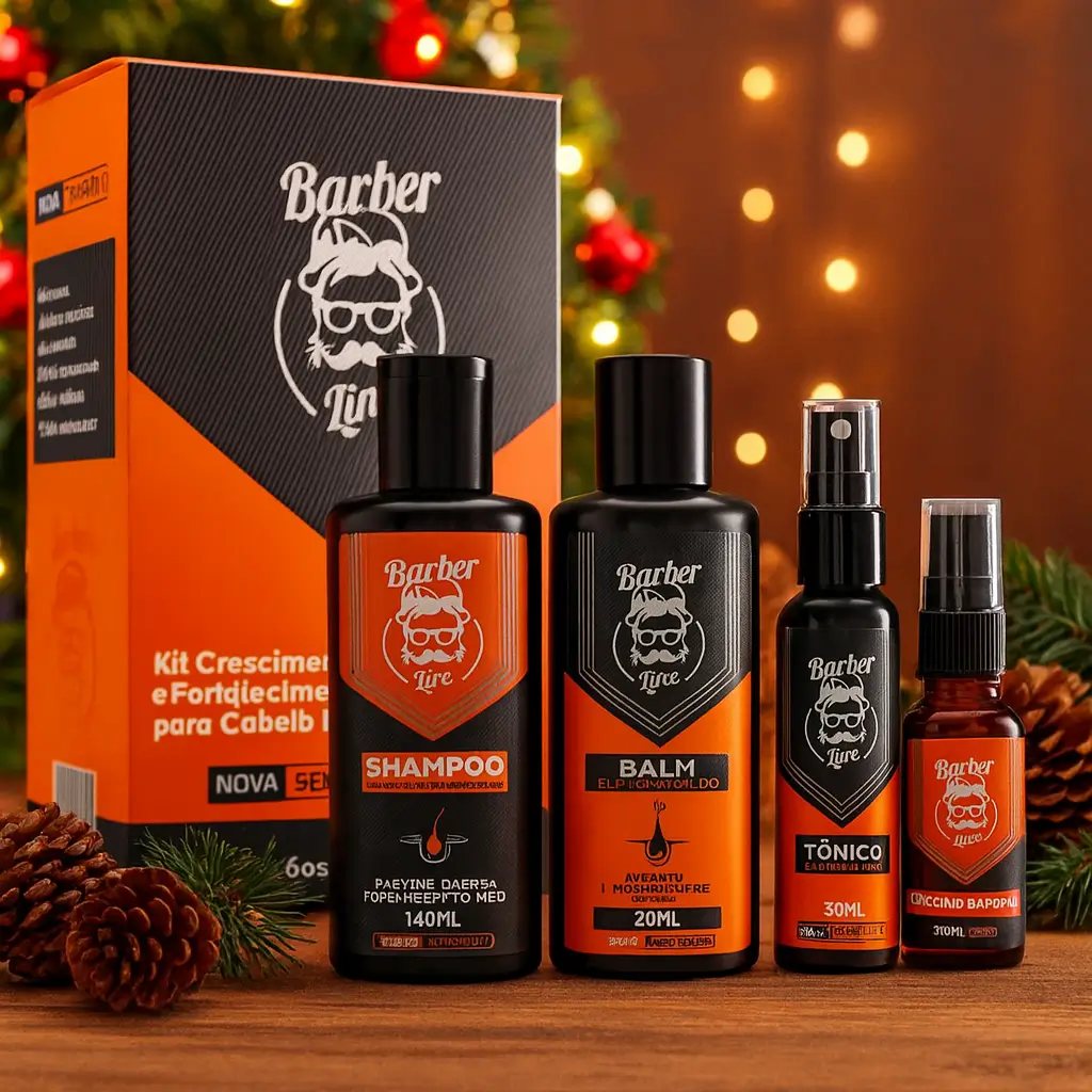 presentes de última hora de beleza kit barba Barber Line com shampoo balm tônico e óleo em cenário de Natal
