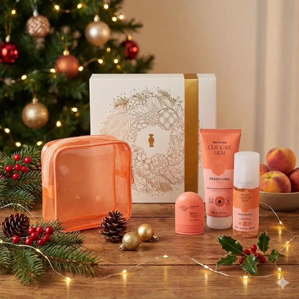 Kit de beleza para adolescentes no Natal com Cuide-se Bem Pessegura, nécessaire e caixa presenteável em cenário natalino.