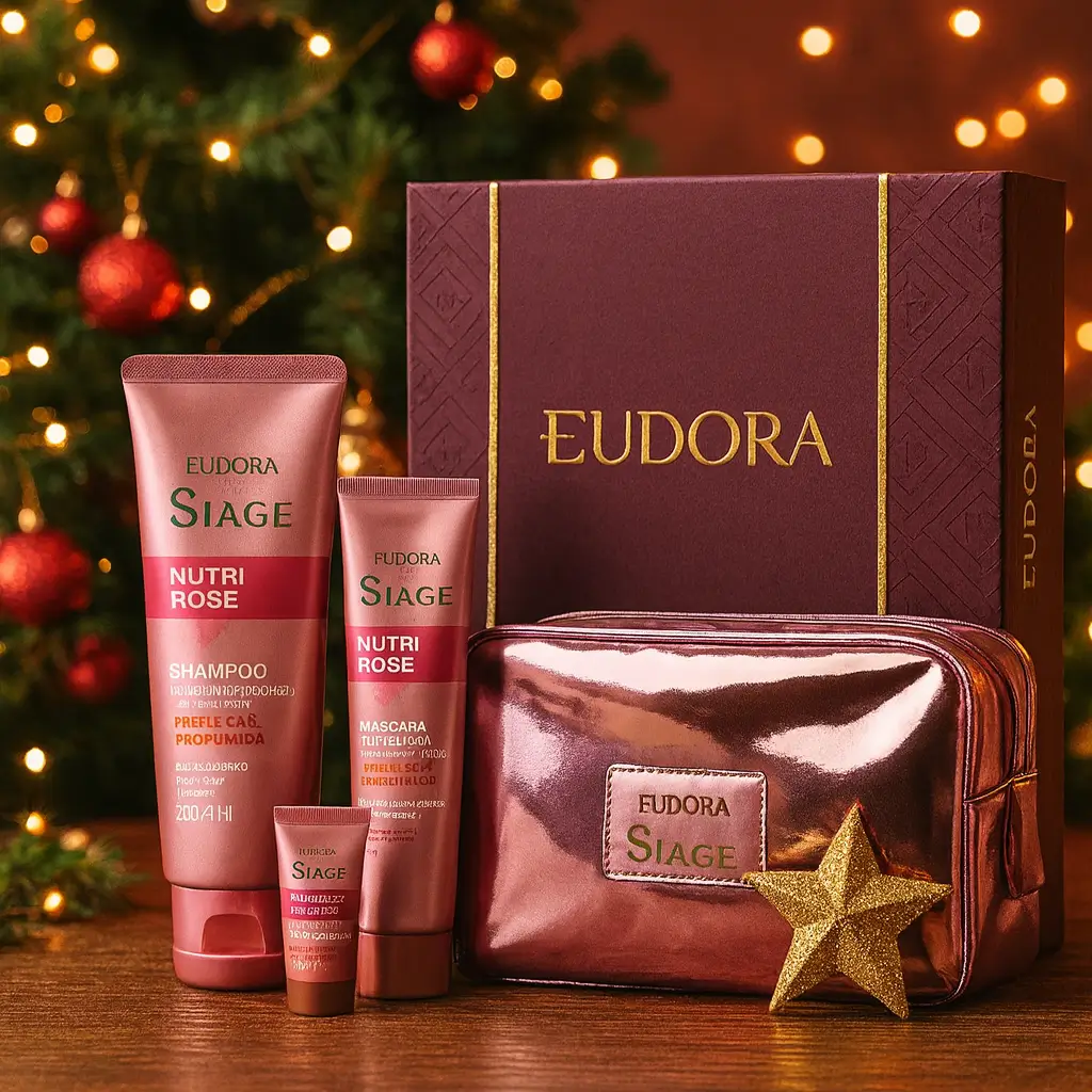 Eudora Siàge kit presente Nutri Rose com nécessaire em cenário de Natal