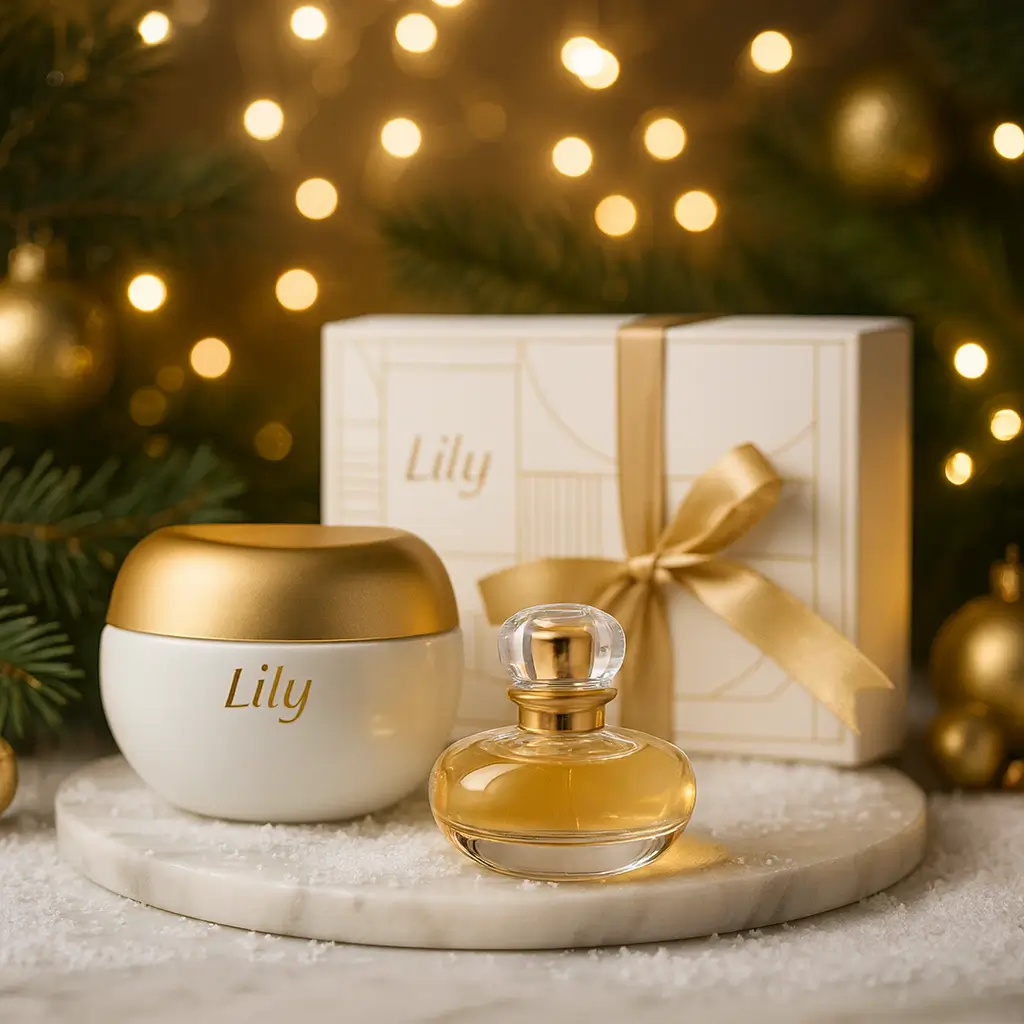 Kit Lily O Boticário com Eau de Parfum 30 ml e Creme Acetinado 250 g em cenário de Natal, luzes douradas e pinho, sobre base de mármore.