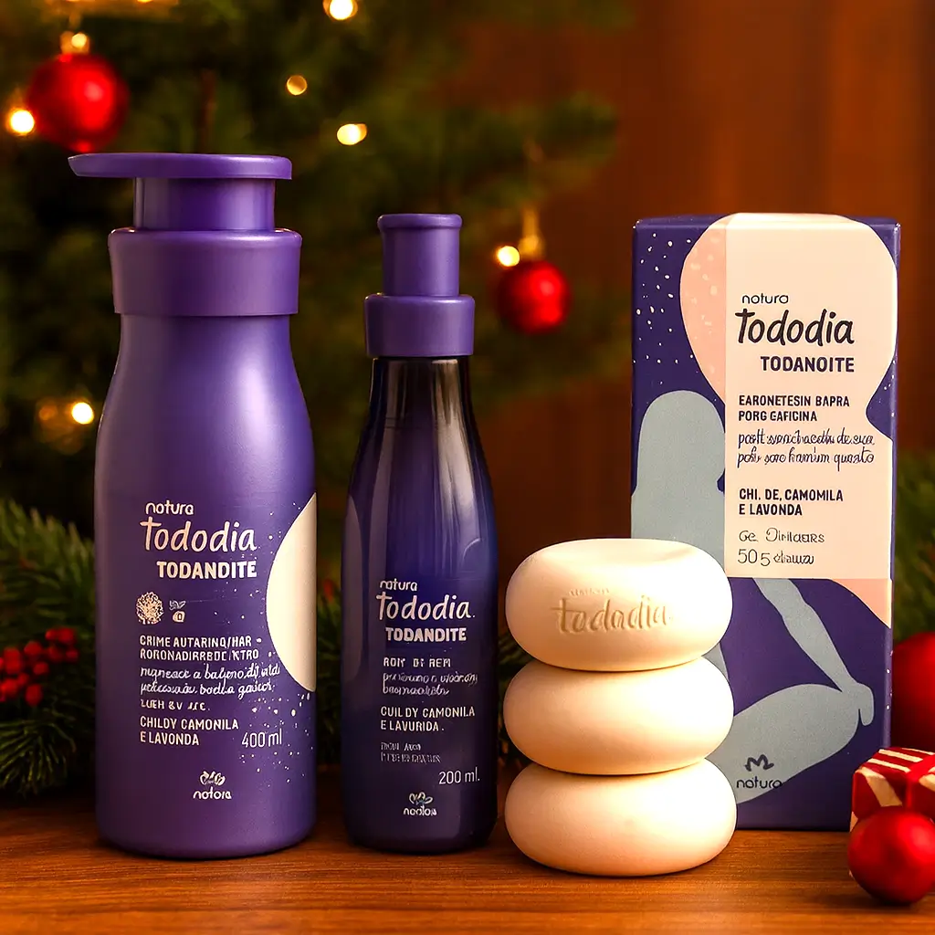 presente perfumado para namorada kit Natura Tododia Todanoite chá de camomila e lavanda em cenário de Natal