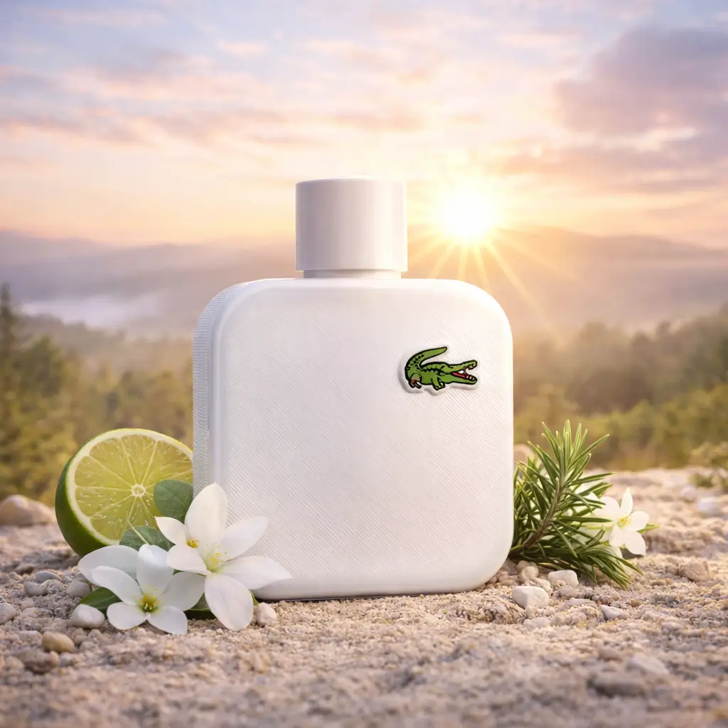 Perfume para o primeiro dia do ano Lacoste L.12.12 Blanc em cenário de recomeço, com frescor, luz natural e sensação de novo início.