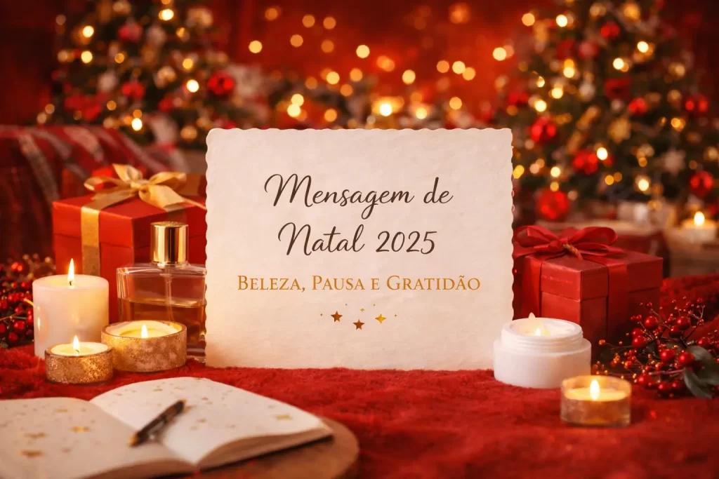 Cenário de Natal em tons de vermelho, com árvore iluminada ao fundo, presentes embrulhados e vela acesa sobre a mesa em clima festivo.