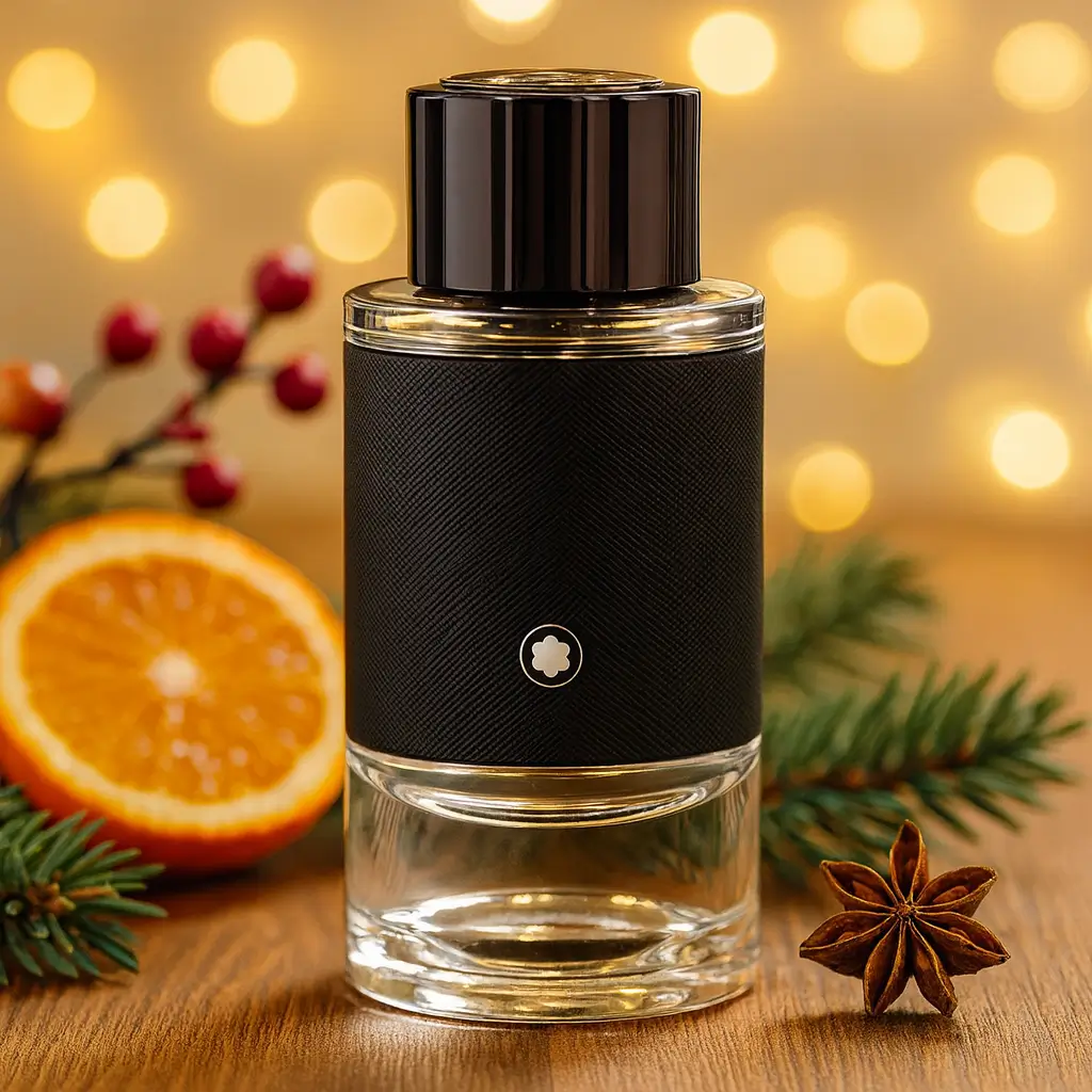 Perfume Montblanc Explorer em cenário de Natal iluminado com notas amadeiradas e aromáticas
