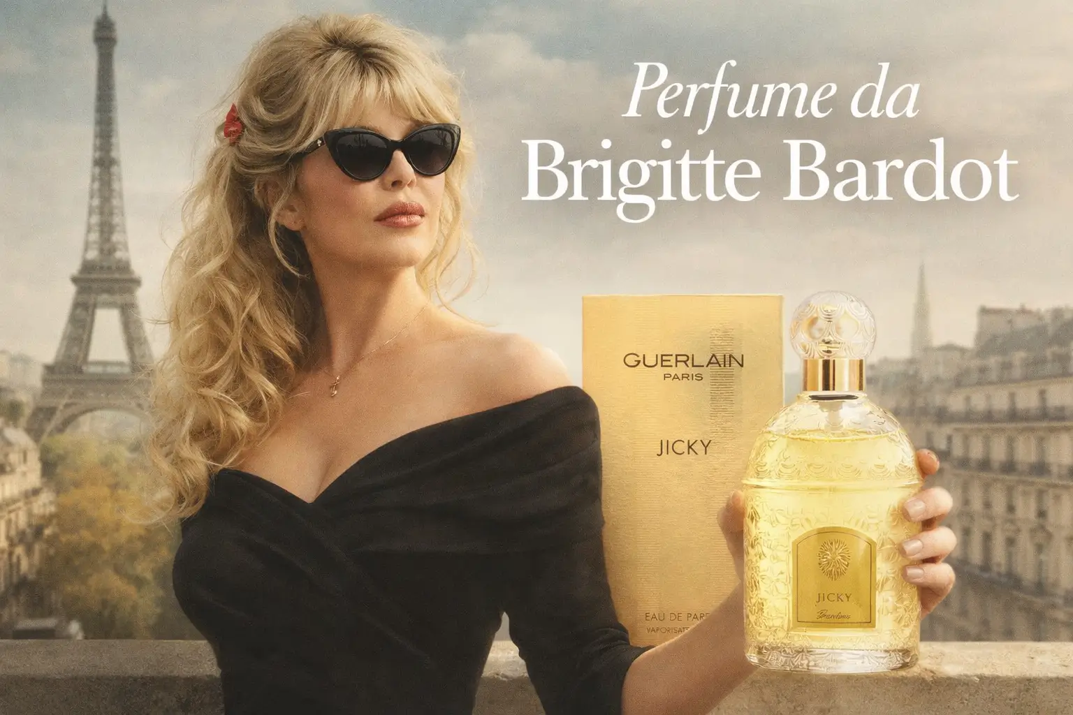 Mulher elegante segurando o perfume da Brigitte Bardot com a Torre Eiffel ao fundo.
