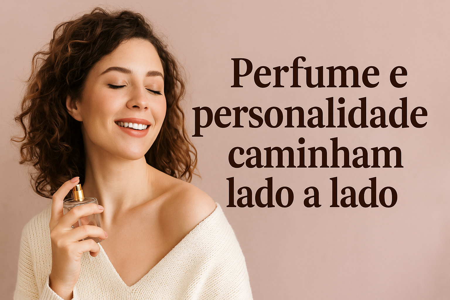 Mulher sorrindo enquanto aplica perfume, com a frase “Perfume e personalidade caminham lado a lado” ao lado.