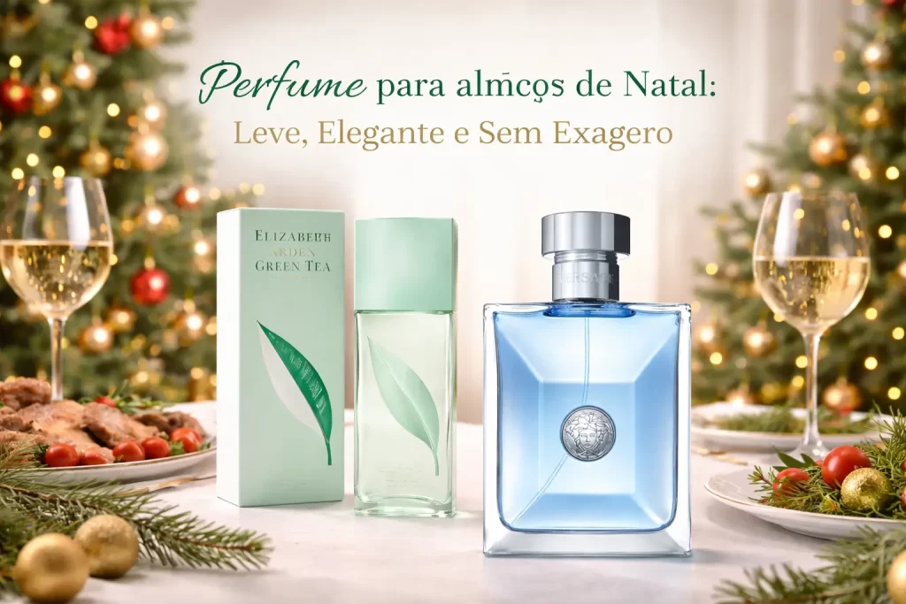 Perfume para almoço de Natal com fragrâncias leves e elegantes sobre mesa natalina, ideais para ocasiões diurnas sem exagero.