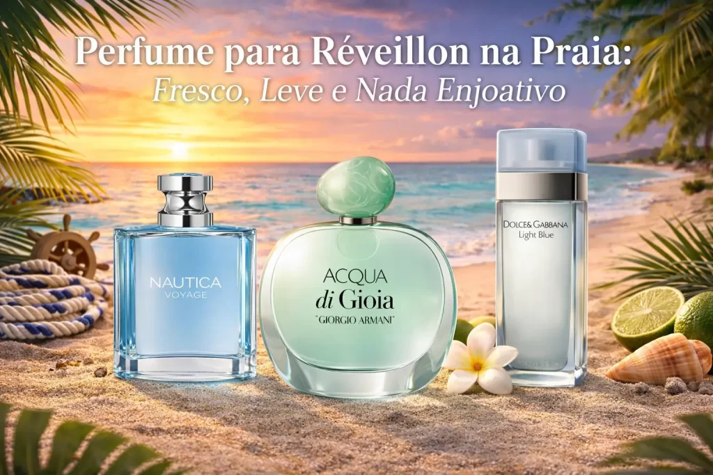 Perfume para Réveillon na praia em cenário de verão ao pôr do sol, com fragrâncias frescas, leves e nada enjoativas.