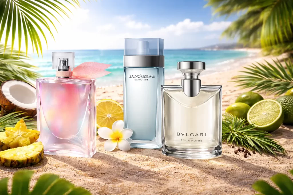 Perfumes para o verão 2026 em cenário de praia, com fragrâncias leves, frescas e sofisticadas em destaque.