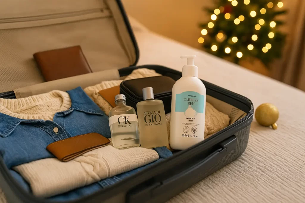 Perfumes e kits de beleza organizados em mala de viagem para o Natal 2025