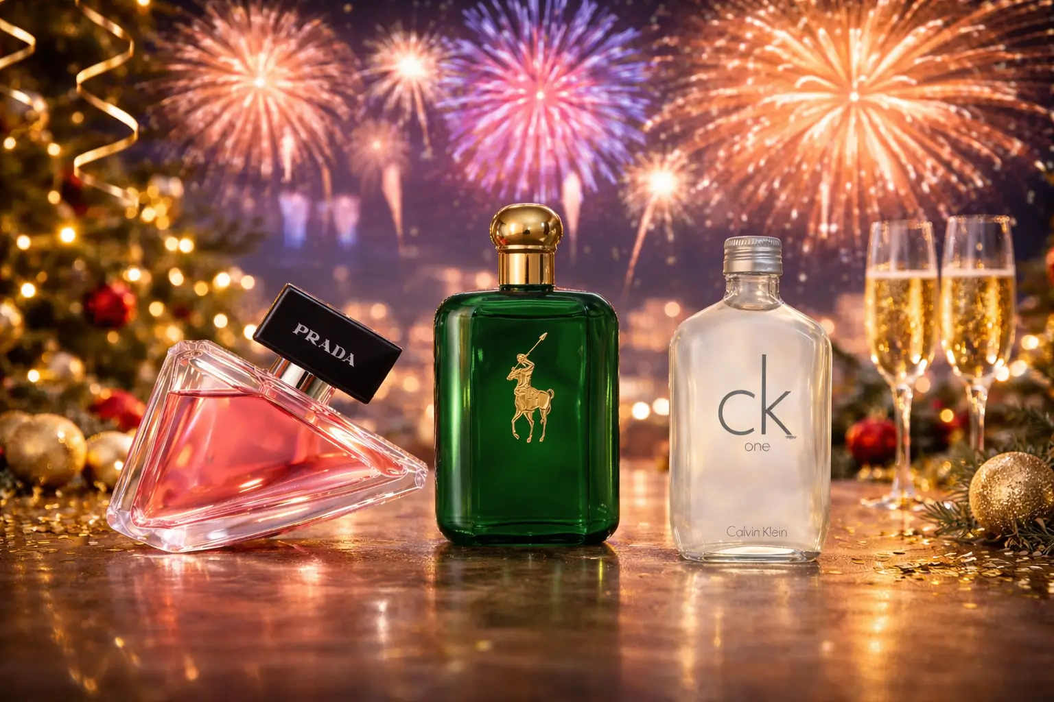 Três perfumes – Prada Paradoxe, Polo Green e CK One – alinhados diante de fogos de artifício no Réveillon 2025