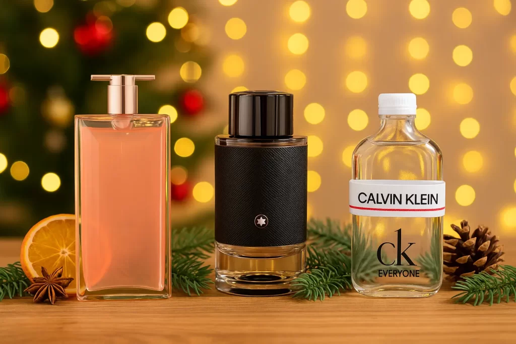 Perfumes para usar no Natal 2025: Idôle, Montblanc Explorer e CK Everyone em cenário natalino