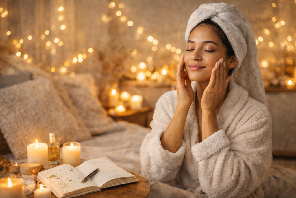 Mulher jovem em roupão e toalha na cabeça fazendo skincare em um quarto aconchegante, com velas, caderninho e luzinhas ao fundo em clima de fim de ano.