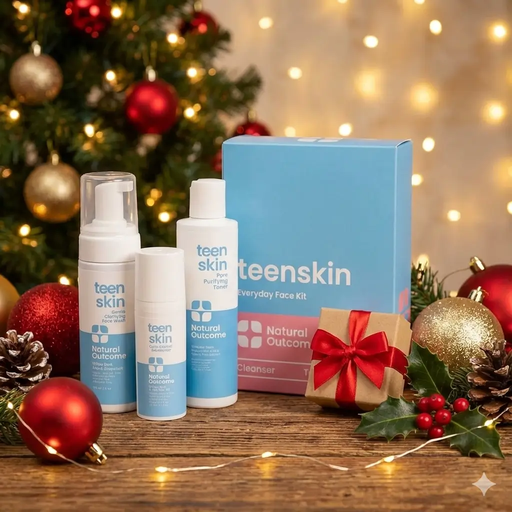 Kit Teen Skin Natural Outcome em cenário de Natal com árvore iluminada, ideal de presente de beleza para adolescentes.