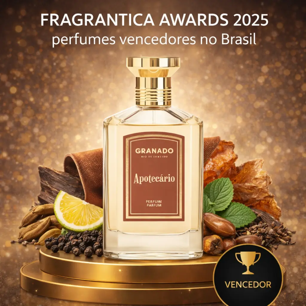 Perfume Granado Apotecário 75ml em pódio com especiarias, couro e resinas, vencedor do Fragrantica Awards 2025
