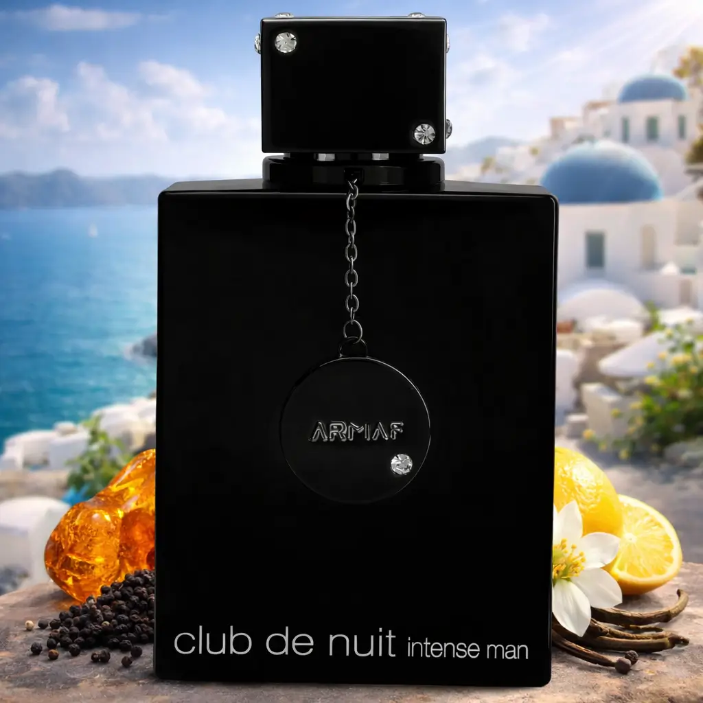Perfume árabe masculino fresco Club de Nuit Intense Man em cenário de verão com notas cítricas e sensação de frescor.
