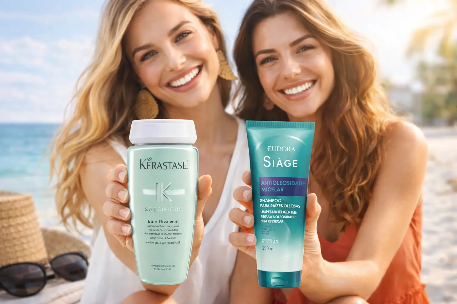 Duas mulheres no verão, segurando shampoos para cabelo oleoso no calor, Kérastase Specifique e Siàge Antioleosidade Micelar