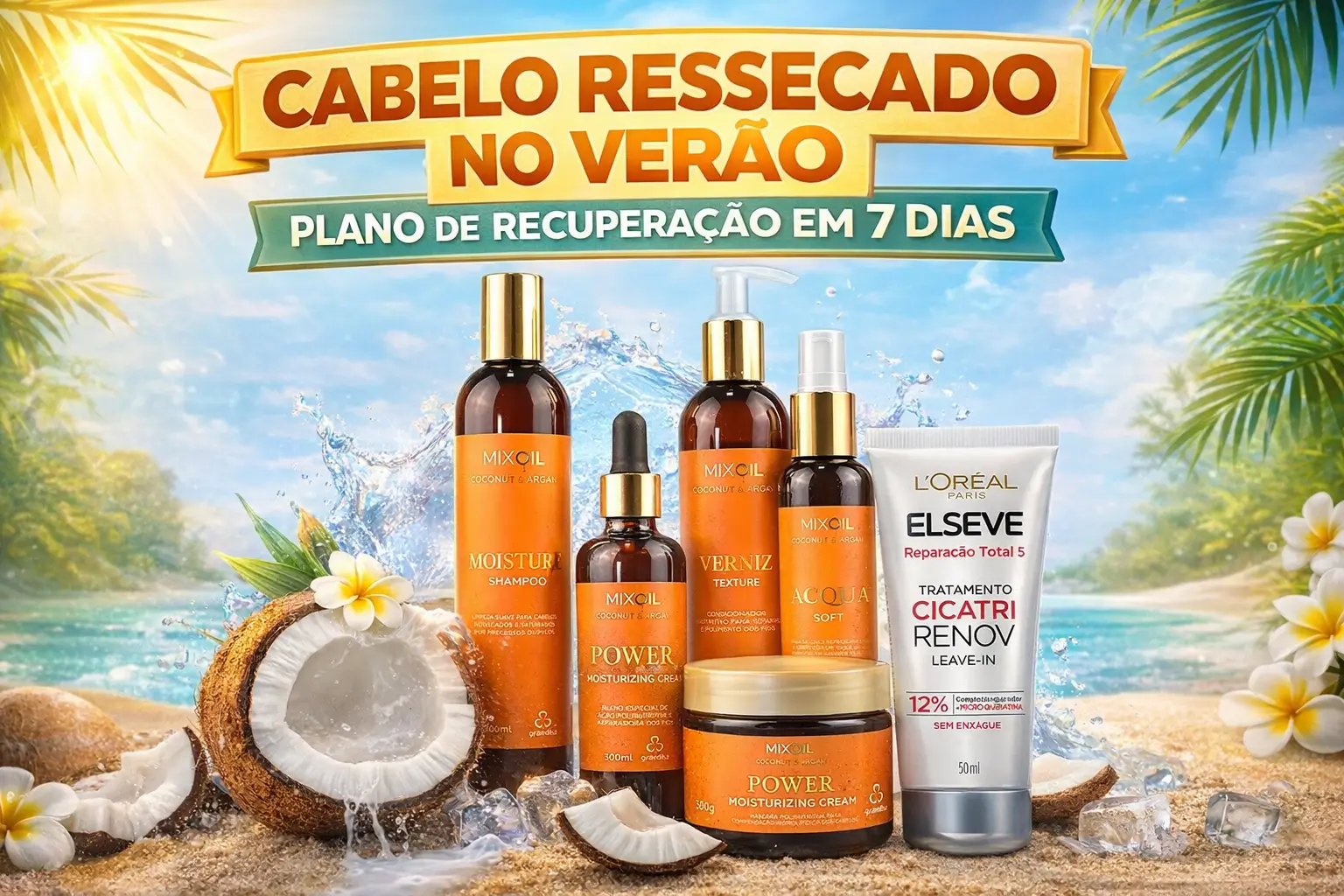 Produtos para tratar cabelo ressecado no verão com ingredientes nutritivos como óleo de coco e argan em cenário tropical.