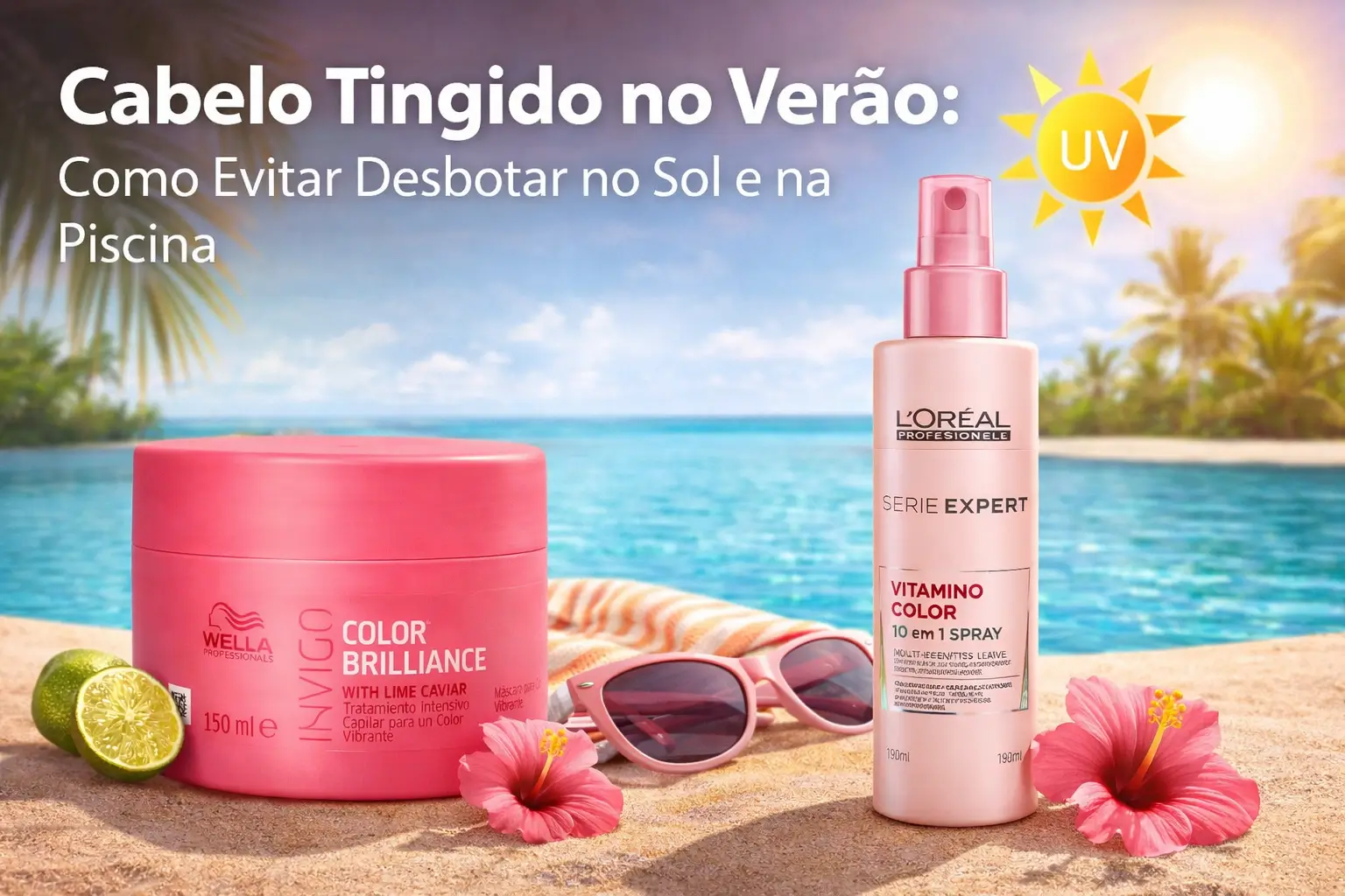 Cabelo tingido no verão com proteção contra sol e piscina, mantendo a cor vibrante e saudável