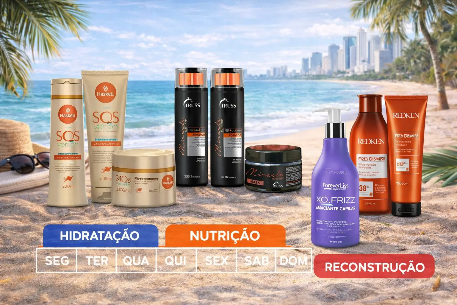 Cronograma capilar no verão com produtos de tratamento capilar para hidratação, nutrição e reconstrução expostos em cenário tropical