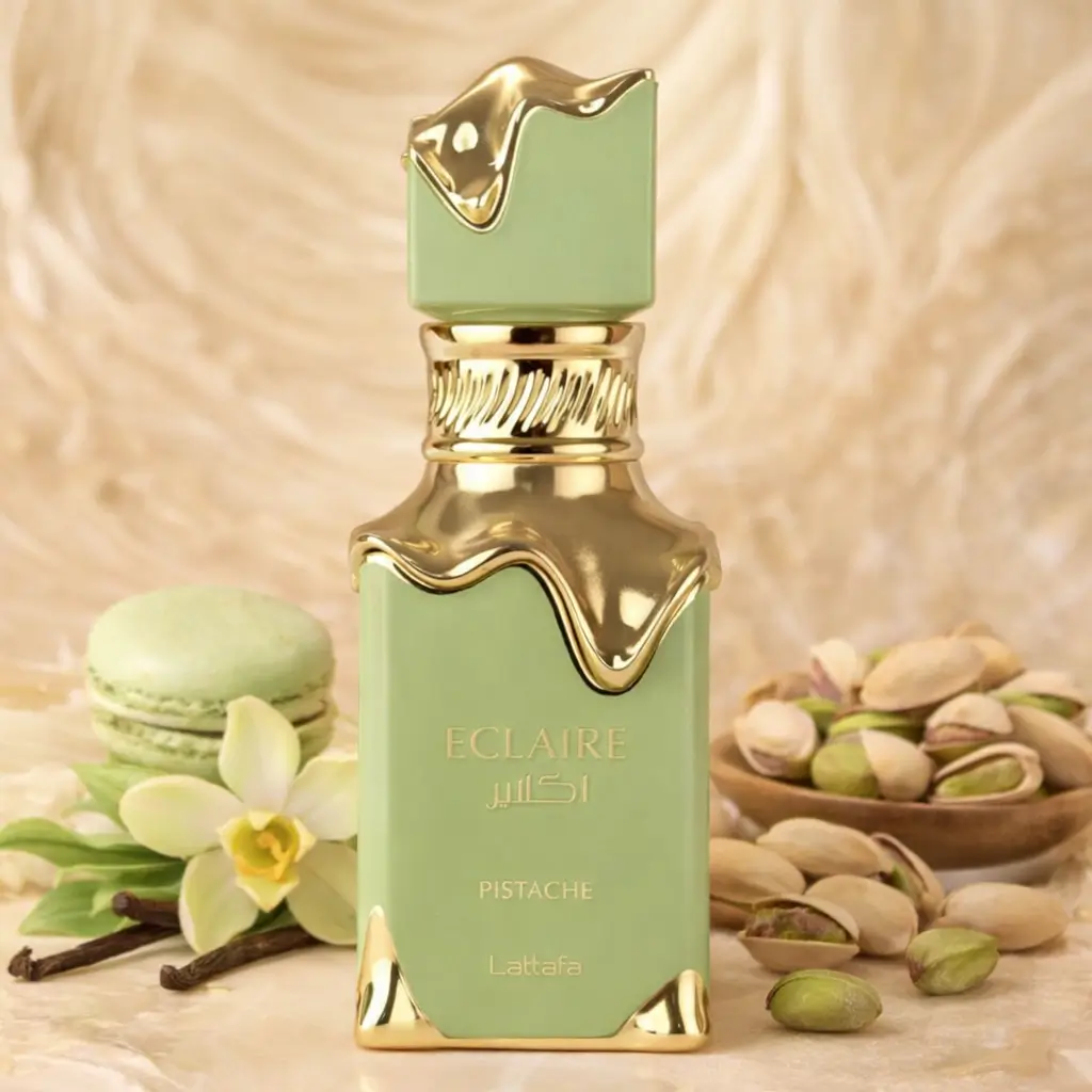 Perfume de pistache Lattafa Eclaire Pistache com frasco verde em cenário gourmand elegante