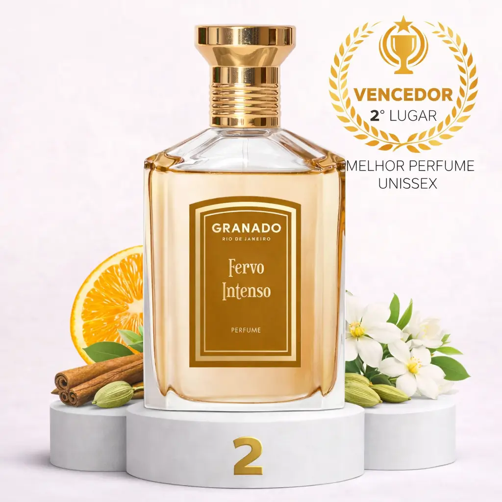 Perfume Fervo Intenso da Granado em pódio com ingredientes naturais, premiado como 2º lugar no Granado no Fragrantica Awards 2025.