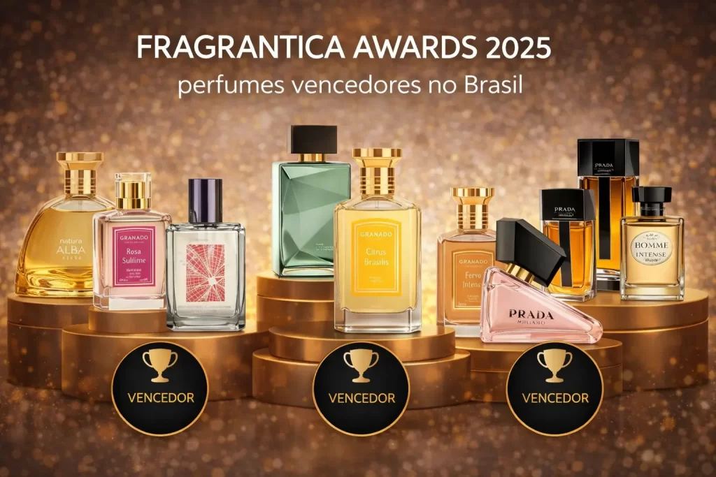 Pódio elegante com perfumes vencedores do Fragrantica Awards 2025 no Brasil, incluindo Aura Alba, Citrus Brasilis e Dior Homme Intense.