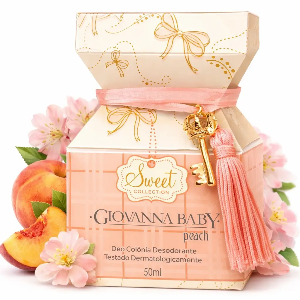 Perfume de pêssego Giovanna Baby Sweet Collection Peach em frasco delicado com detalhes suaves e femininos