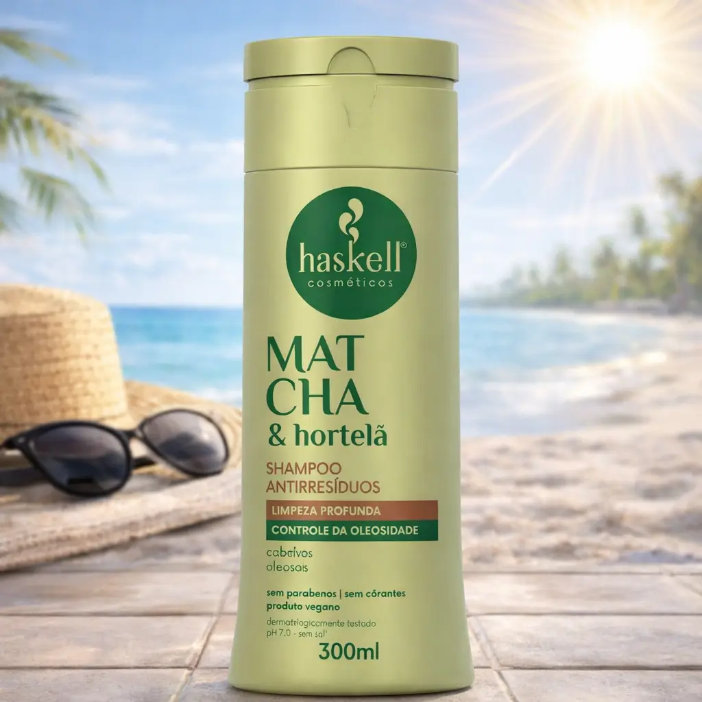 Shampoo antirresíduo no verão Haskell Mat Cha e Hortelã em cenário de praia ensolarada, com chapéu e óculos ao fundo, ideal para controle da oleosidade.
