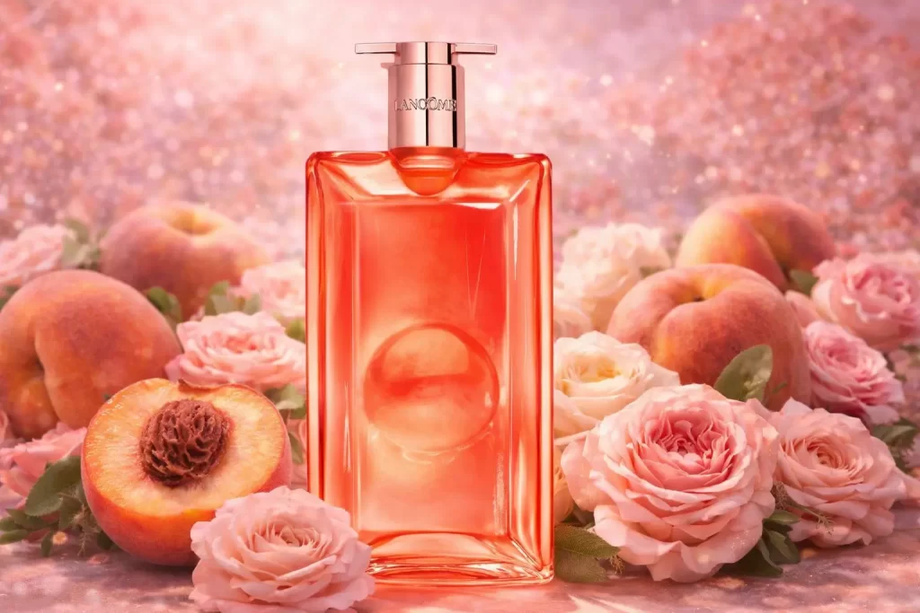 Idôle Peach N’Roses da Lancôme em cenário floral com pêssegos e rosas, destacando a fragrância feminina frutada floral.