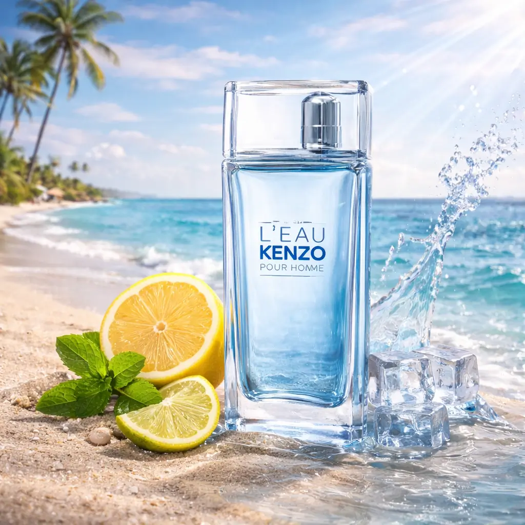 Perfume cítrico aquático Kenzo L’Eau Kenzo Pour Homme em cenário de verão com notas frescas e aquáticas.