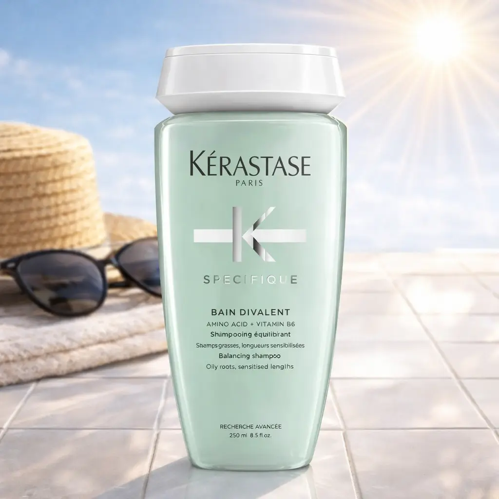 Shampoo Kérastase Specifique Bain Divalent em cenário de verão para cabelo oleoso no calor