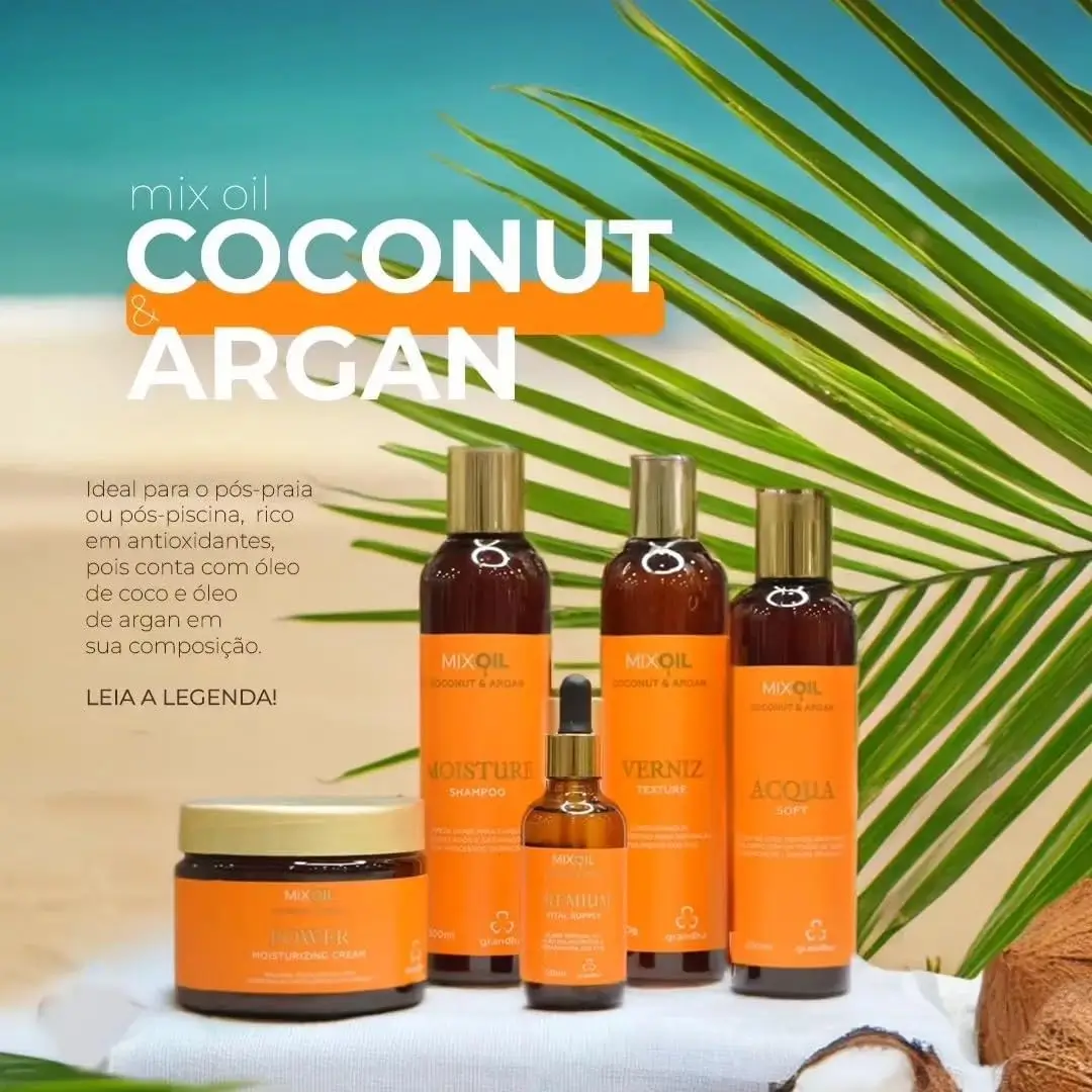 Kit Mix Oil Coconut & Argan para cabelo ressecado no verão, com produtos de tratamento pós-praia e pós-piscina em cenário de praia.