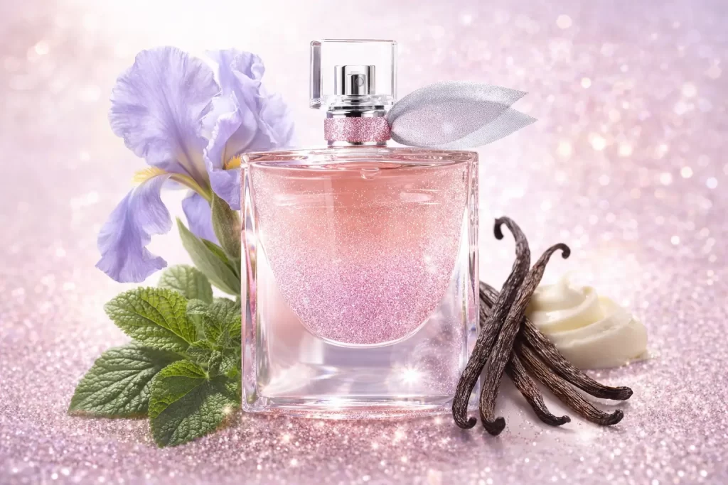 Frasco do perfume La Vie Est Belle Sparkling Edition com flor de íris, folhas de patchouli e favas de baunilha sobre fundo brilhante.