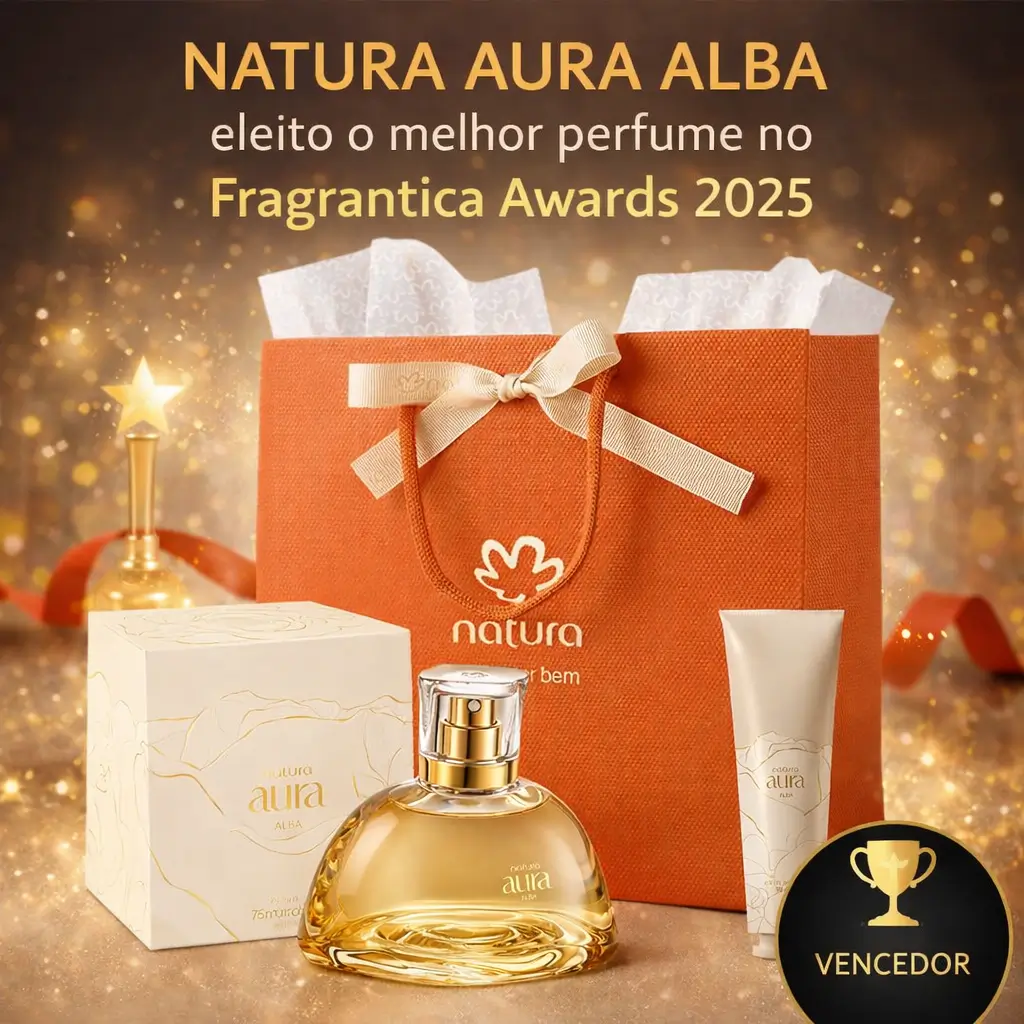 Kit do perfume Natura Aura Alba com frasco dourado, caixa original, creme perfumado e sacola da marca, em destaque como vencedor do Fragrantica Awards 2025.