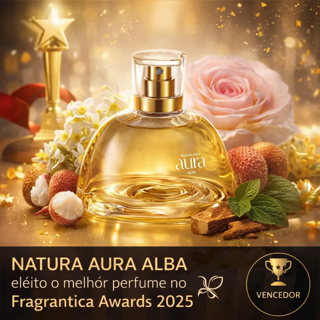 Perfume Natura Aura Alba com flores brancas e notas florais em cenário de campeão, eleito o melhor perfume no Fragrantica Awards 2025