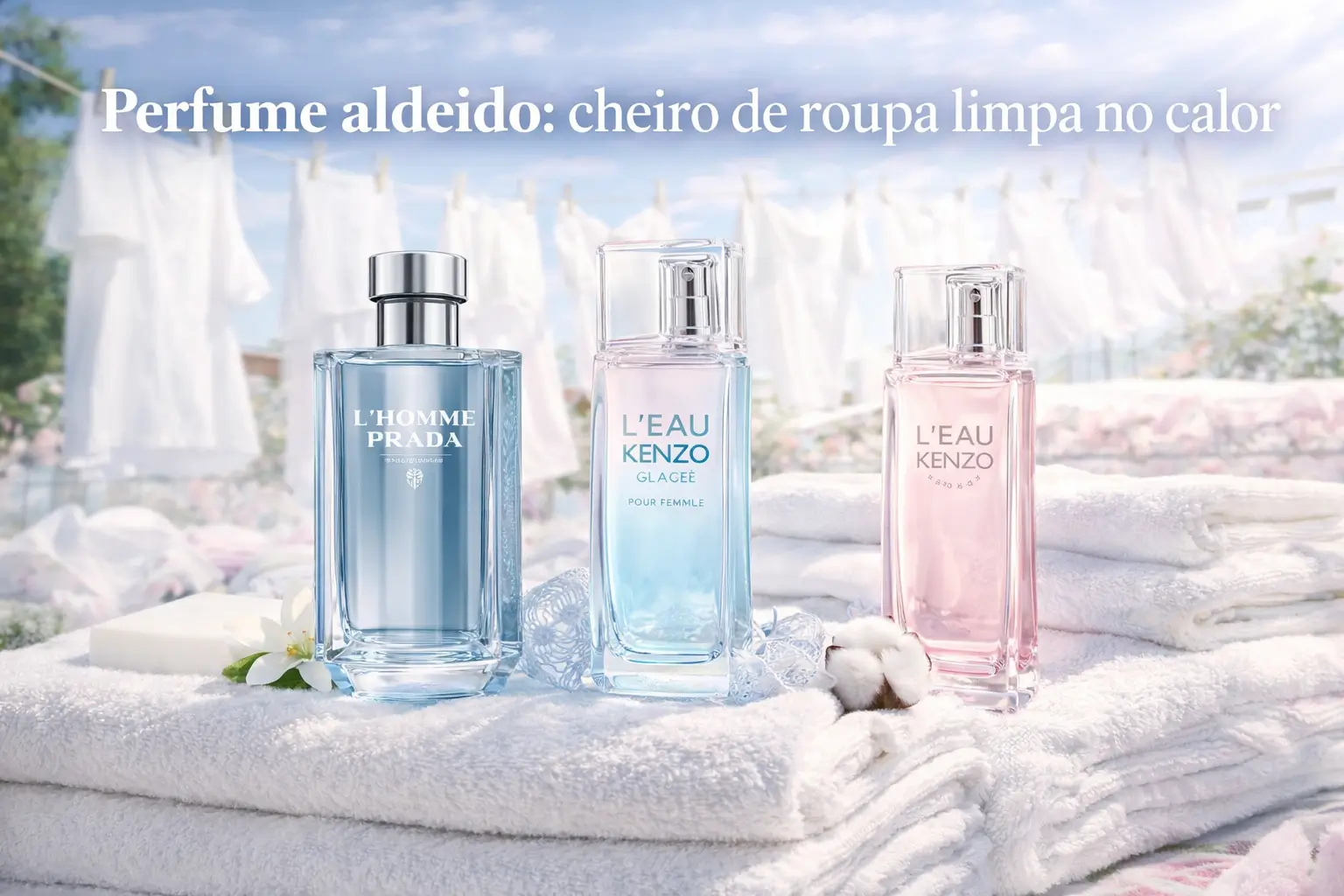 Perfume aldeído em cenário de roupa limpa no calor, com tecidos brancos ao vento e sensação de frescor.