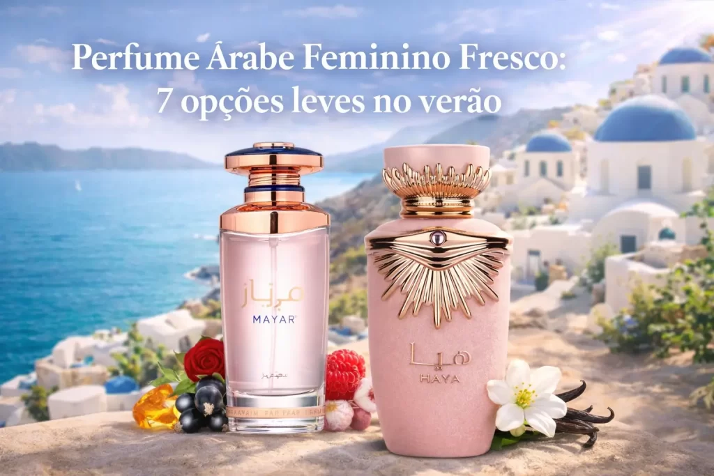 Perfume árabe feminino fresco em cenário de verão com fragrâncias leves, flores claras e sensação de frescor.