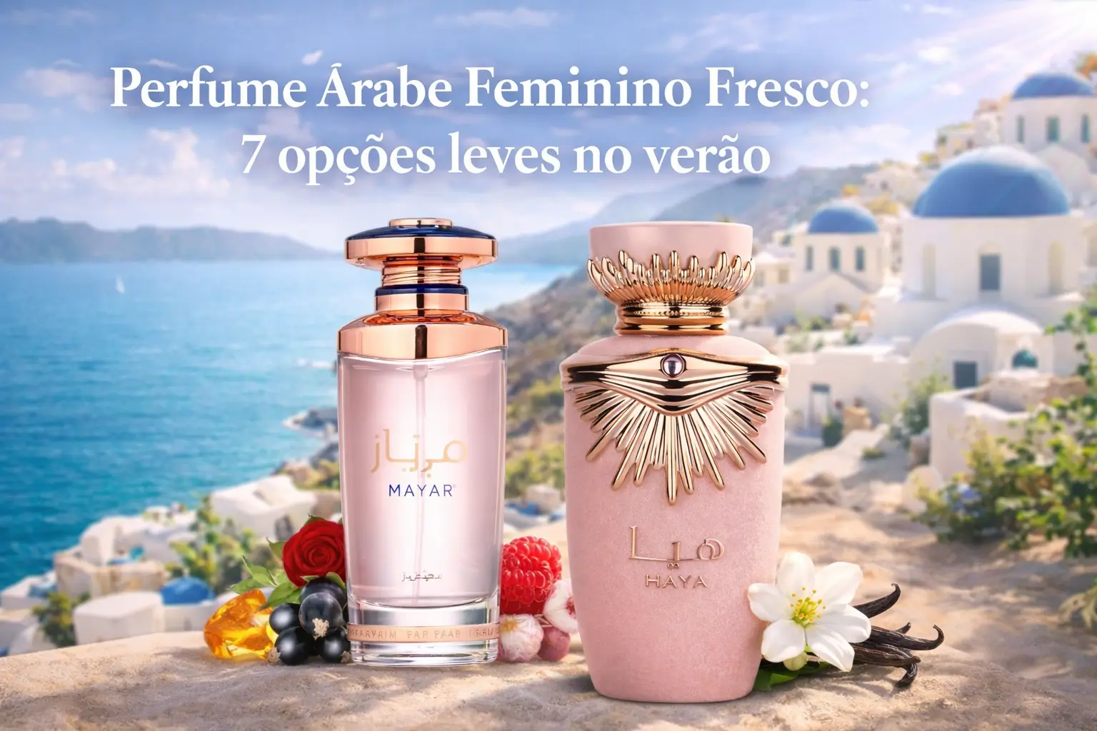 Perfume árabe feminino fresco em cenário de verão com fragrâncias leves, flores claras e sensação de frescor.