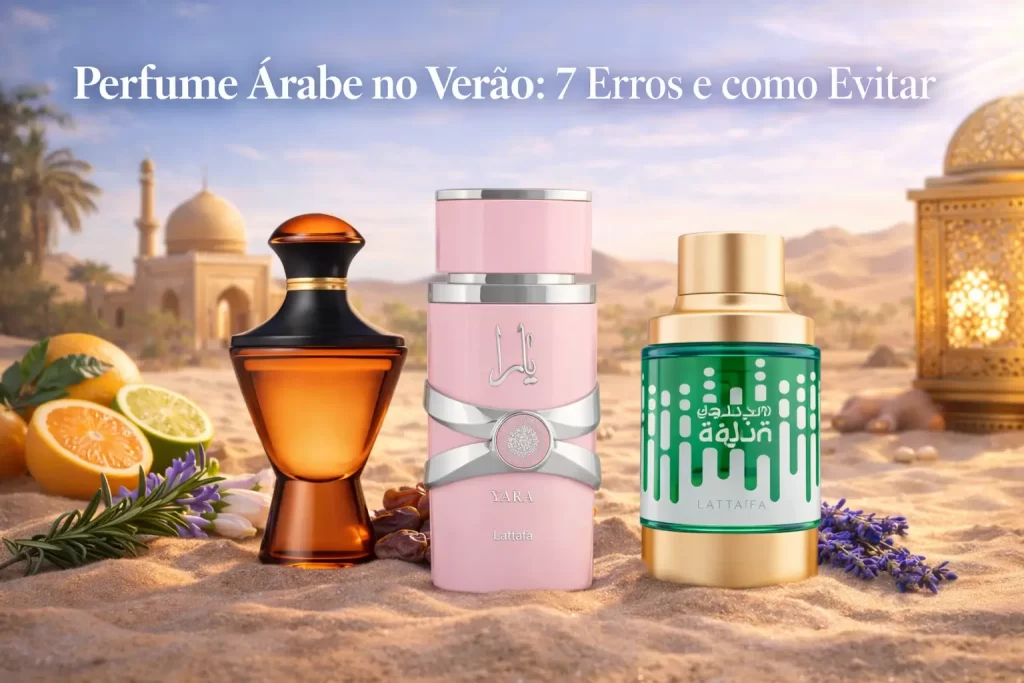 Perfumes árabes no verão em cenário árabe quente, com atmosfera elegante e aplicação adequada para dias quentes.